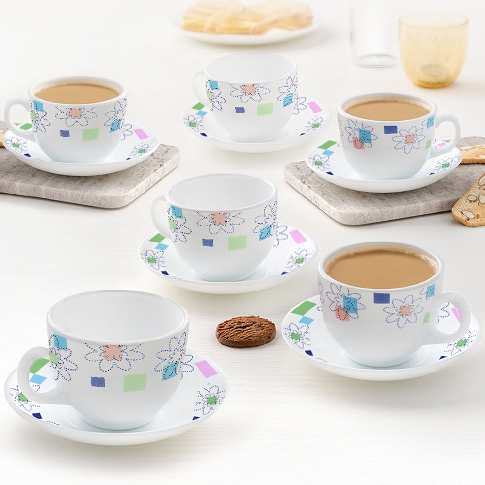 Larah by Borosil Starflower Cup n Saucers Set 220 ml x 12