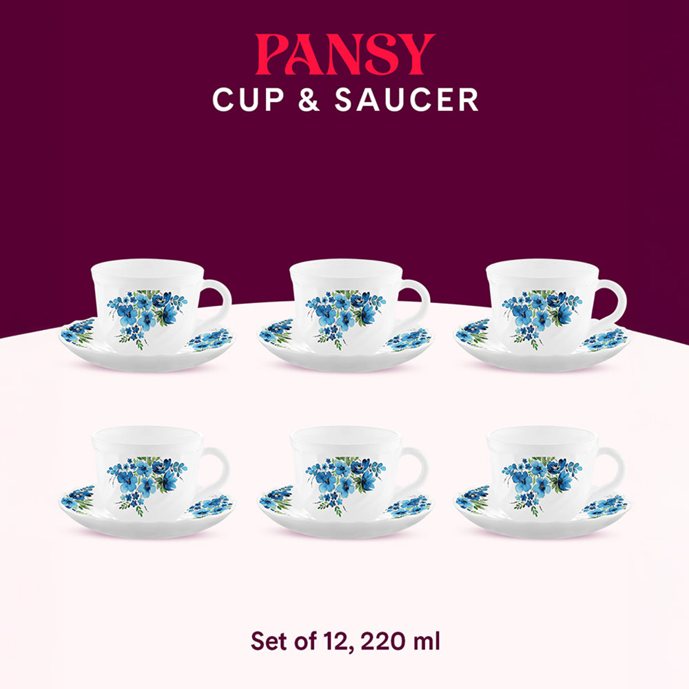Larah by Borosil Pansy Cup n Saucer Set 220 ml x 12