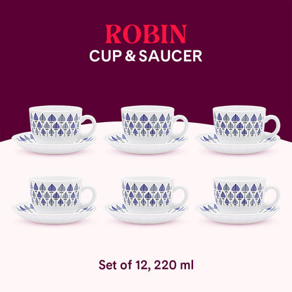 Larah by Borosil Robin Cup n Saucers Set 220 ml x 12