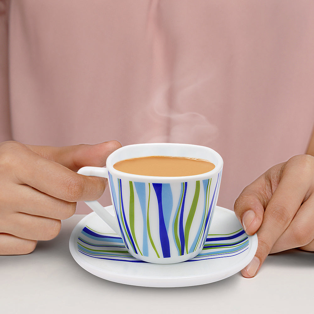 Larah by Borosil Rio Blue Square Cup n Saucer Set 220 ml x 12