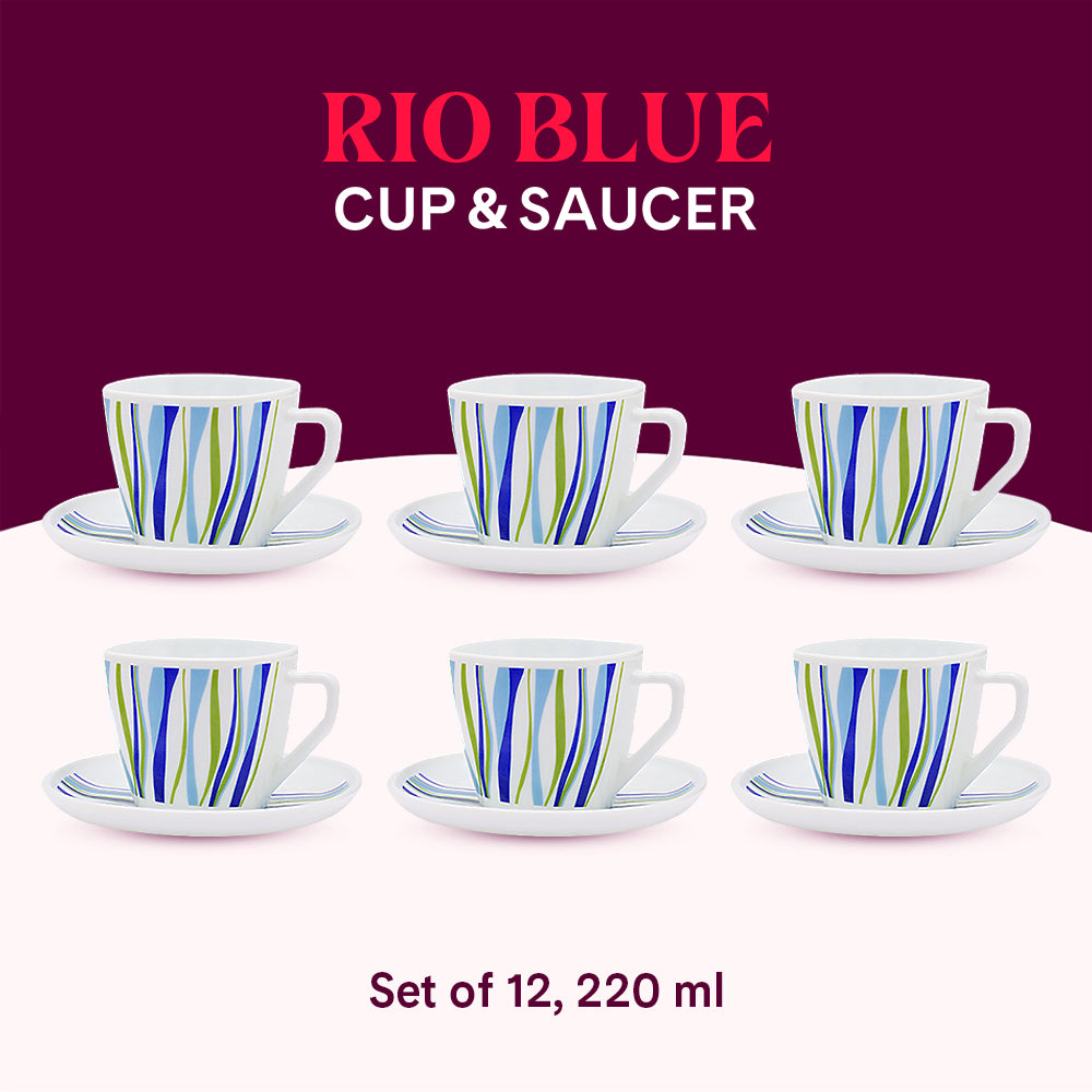 Larah by Borosil Rio Blue Square Cup n Saucer Set 220 ml x 12