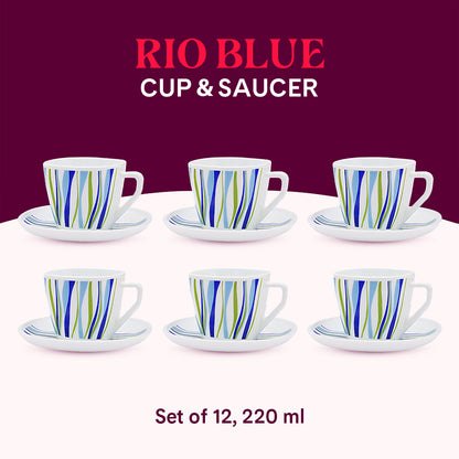 Larah by Borosil Rio Blue Square Cup n Saucer Set 220 ml x 12