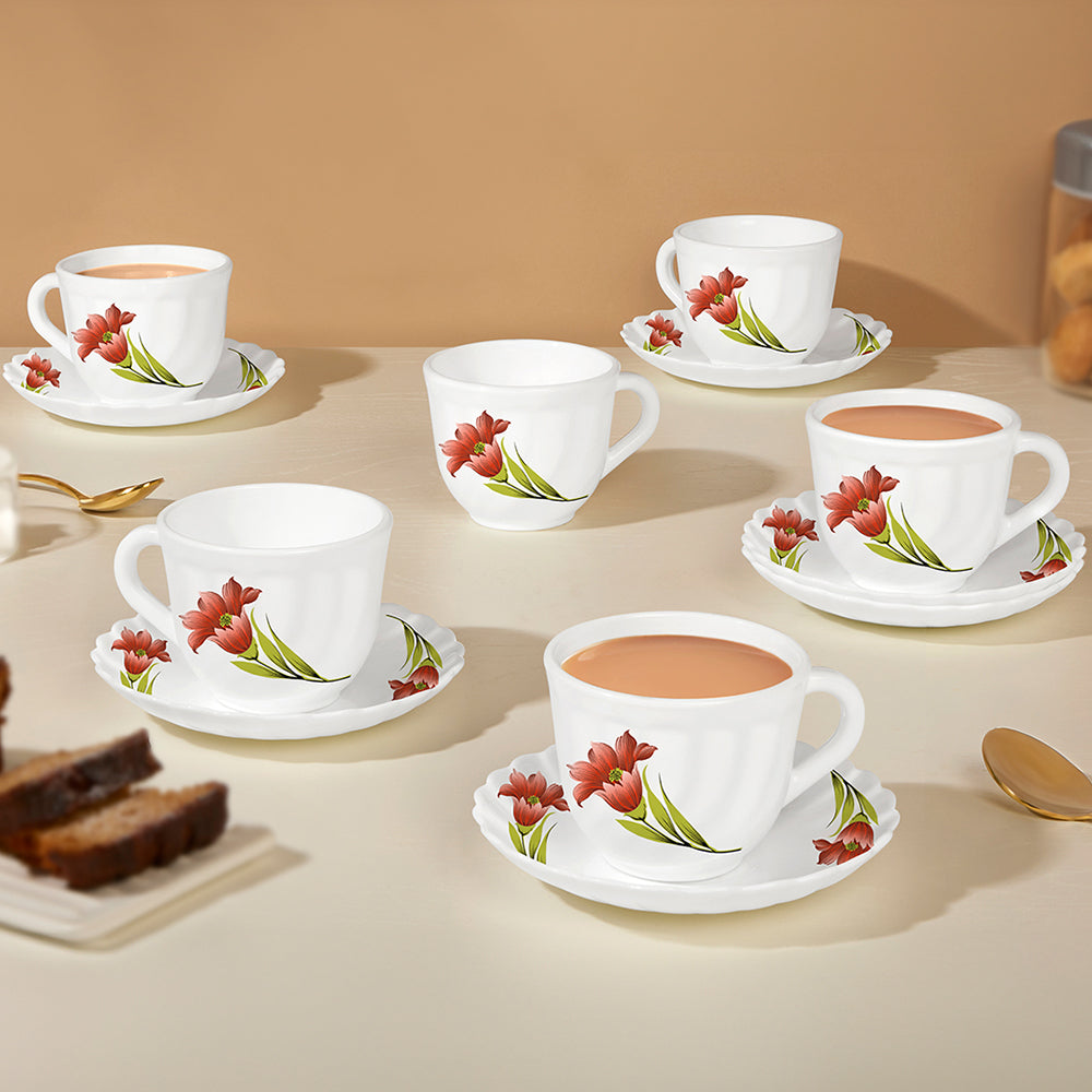 Larah by Borosil Red Iris Cup n Saucer Set 220 ml x 12