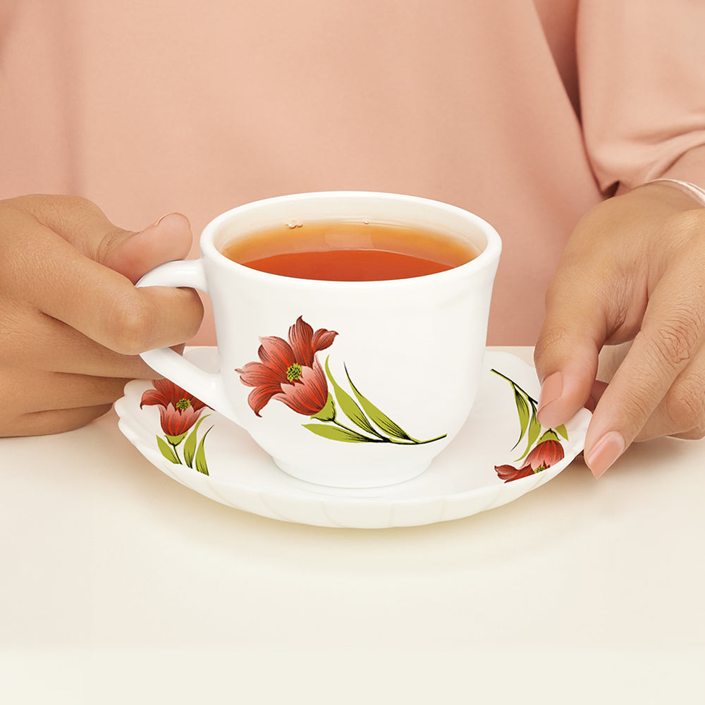 Larah by Borosil Red Iris Cup n Saucer Set 220 ml x 12