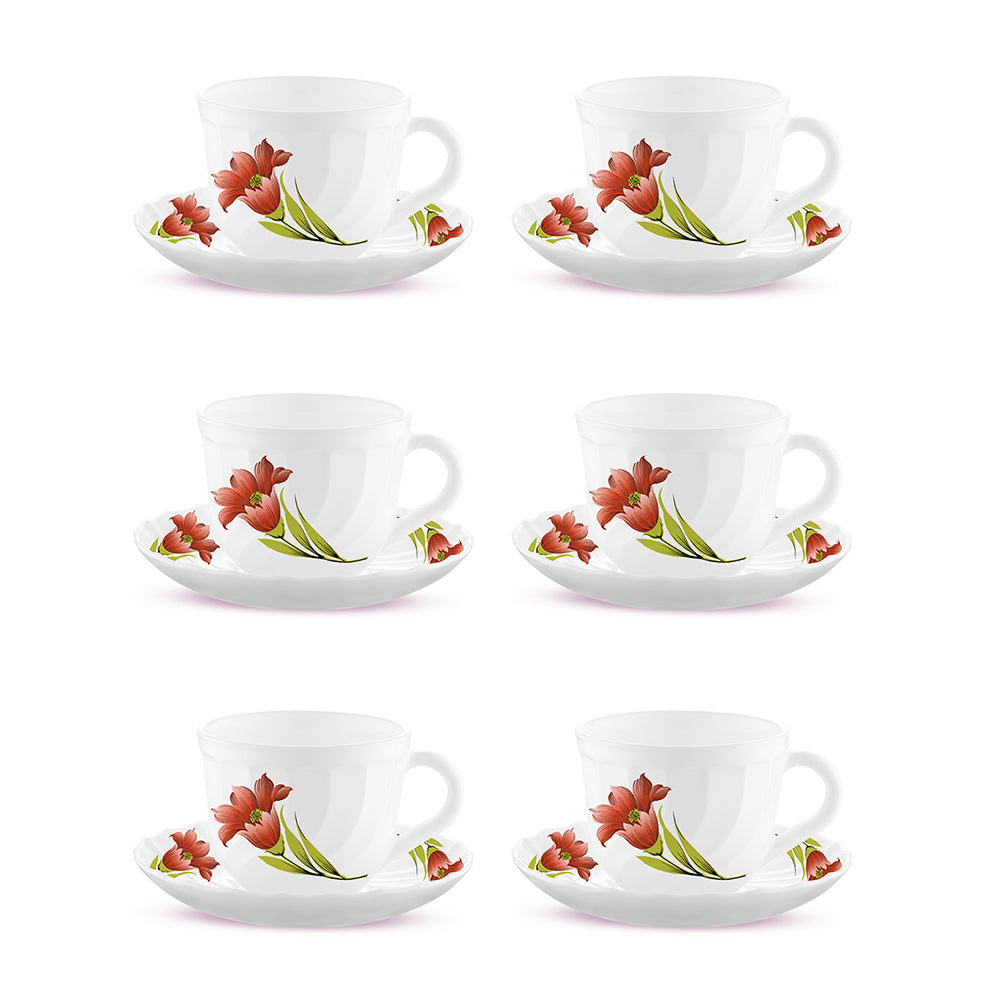 Larah by Borosil Red Iris Cup n Saucer Set 220 ml x 12