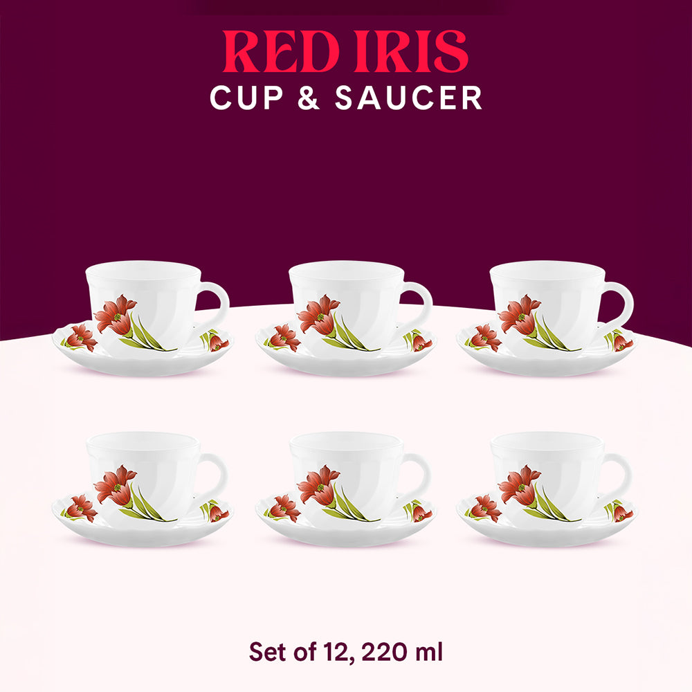Larah by Borosil Red Iris Cup n Saucer Set 220 ml x 12