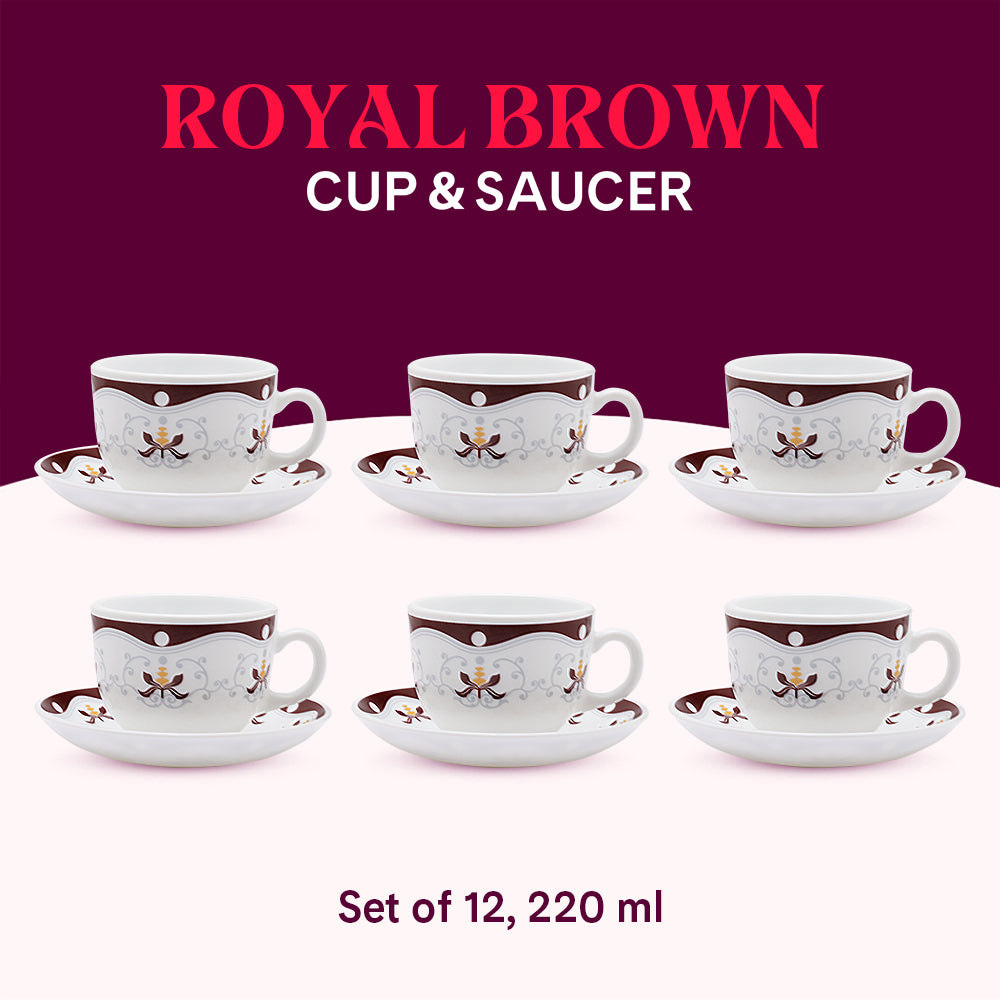 Larah by Borosil Royal Brown Cup n Saucer Set 220 ml x 12