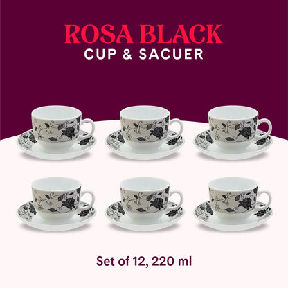 Larah by Borosil Rosa Black Cup n Saucer Set 220 ml x 12