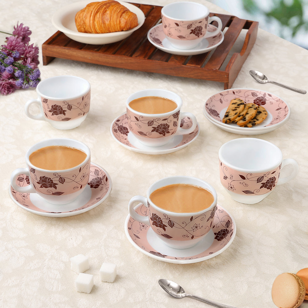 Larah by Borosil Rosa Brown Cup n Saucer Set, 220ml x 12