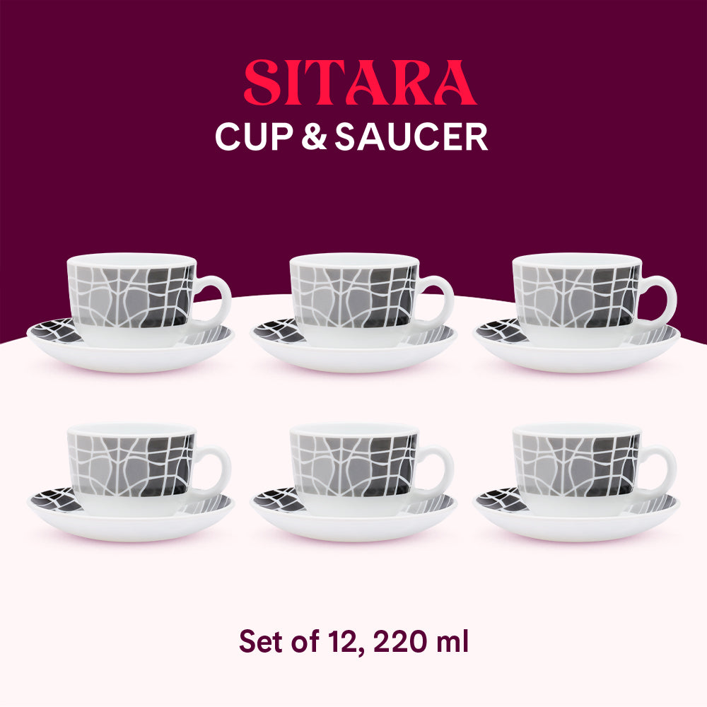 Larah by Borosil Sitara Cup n Saucers Set 220 ml x 12