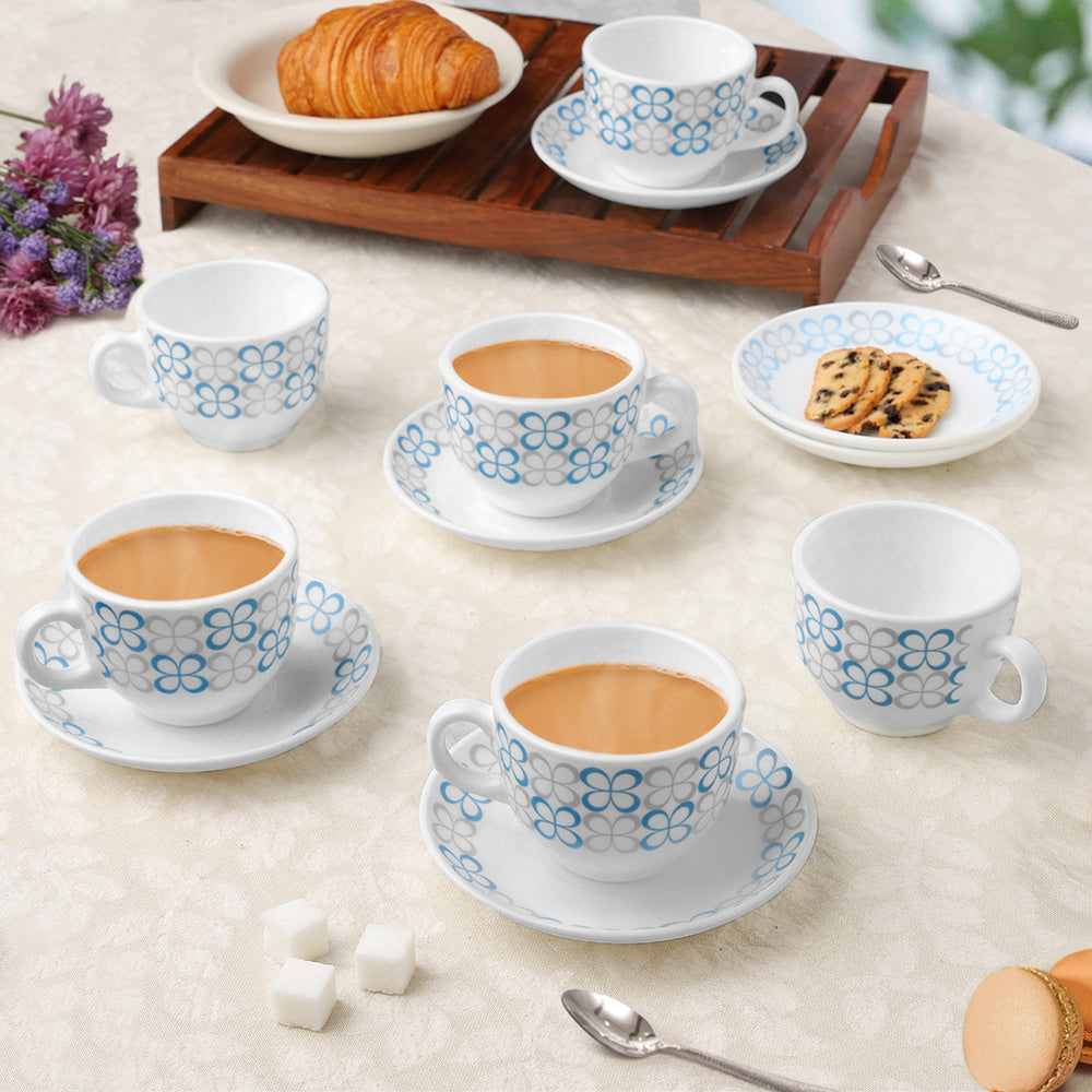 Larah by Borosil Sundrop Blue Cup n Saucer Set 220 ml x 12