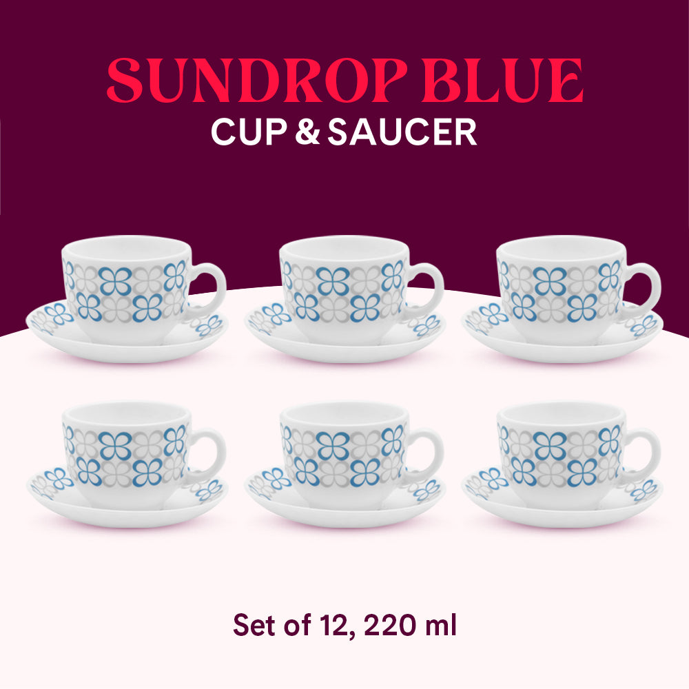 Larah by Borosil Sundrop Blue Cup n Saucer Set 220 ml x 12