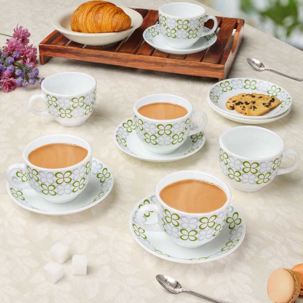 Larah by Borosil Sundrop Green Cup n Saucer Set, 220ml x 12