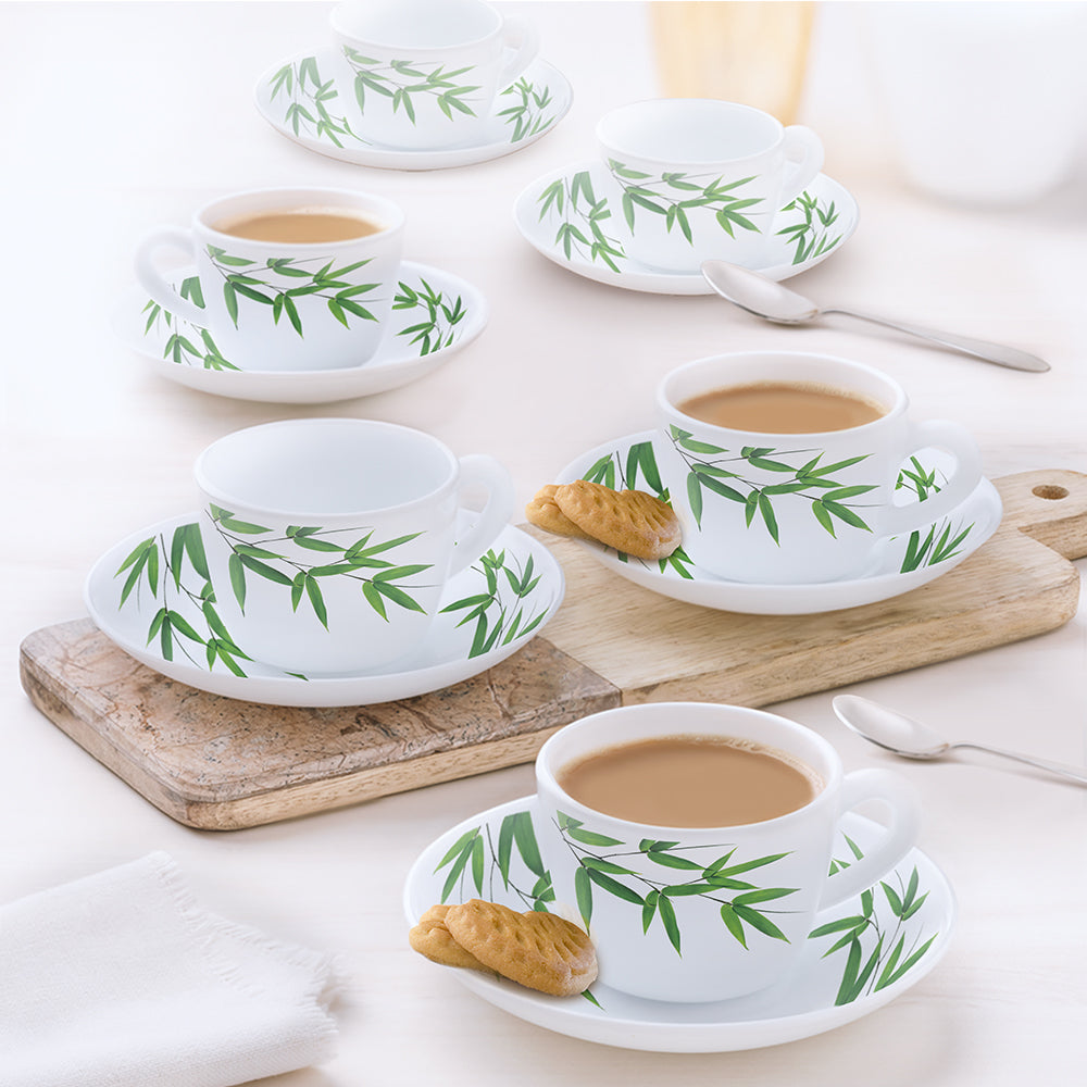 Larah by Borosil Bamboo Leaves Cup n Saucer Set, 90ml x 12