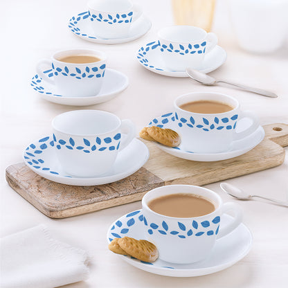 Larah by Borosil Blue Leaves Cup n Saucer Set 90 ml x 12