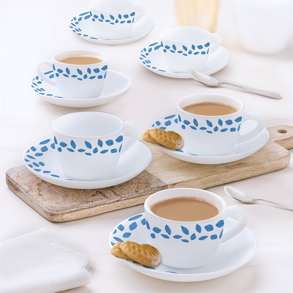 Larah by Borosil Blue Leaves Cup n Saucer Set, 90ml x 12