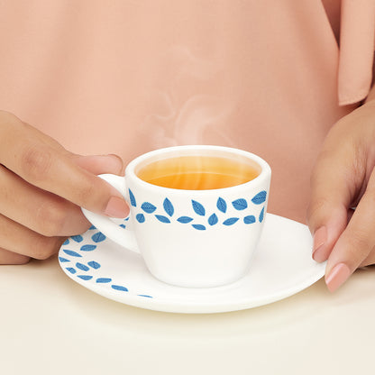 Larah by Borosil Blue Leaves Cup n Saucer Set 90 ml x 12