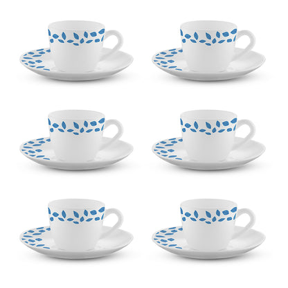 Larah by Borosil Blue Leaves Cup n Saucer Set 90 ml x 12