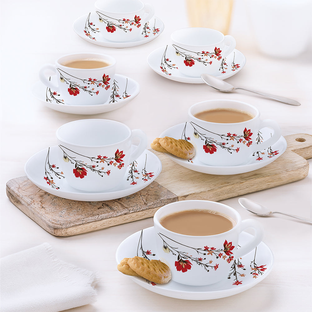 Larah by Borosil Chrys Red Cup n Saucer Set 90 ml x 12