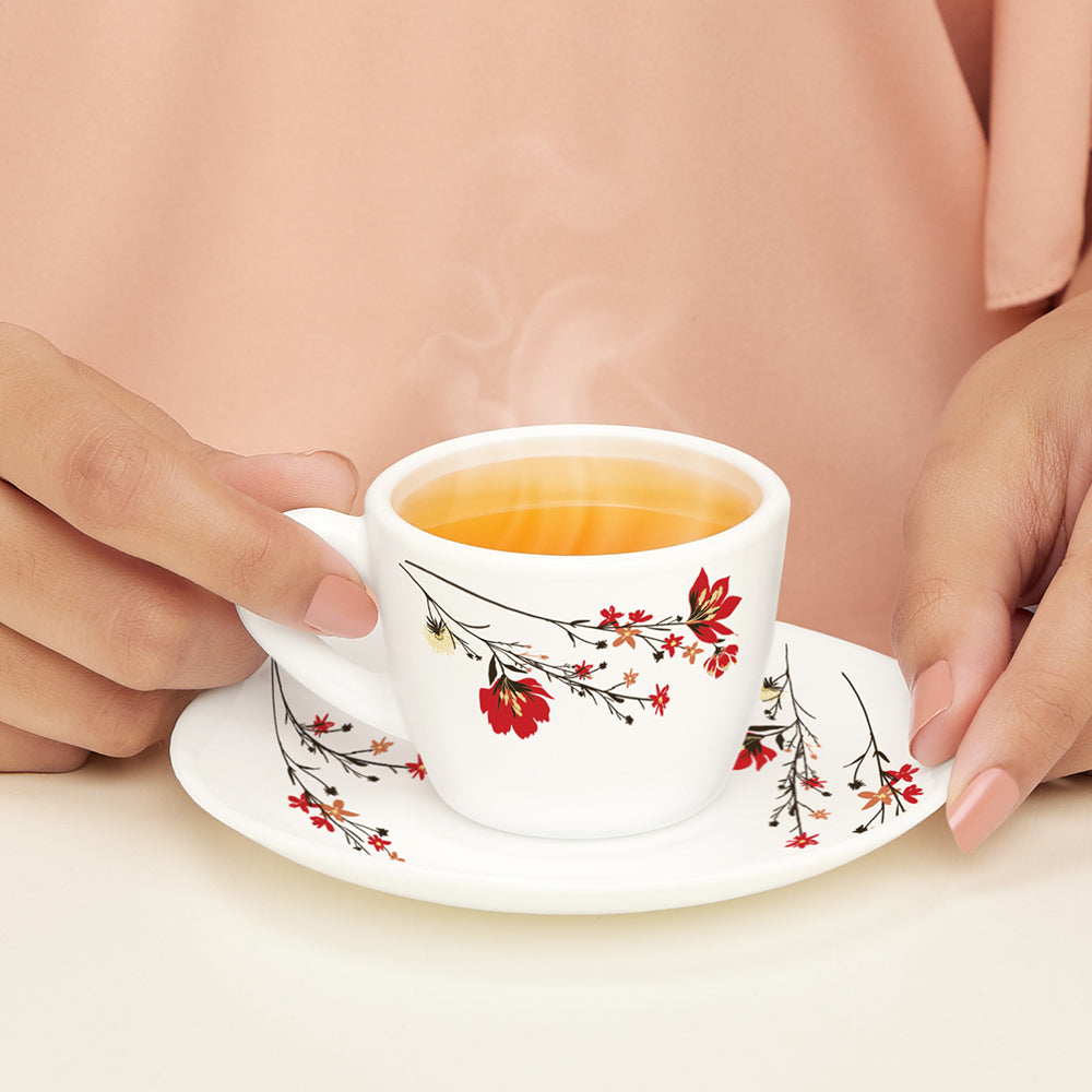 Larah by Borosil Chrys Red Cup n Saucer Set 90 ml x 12