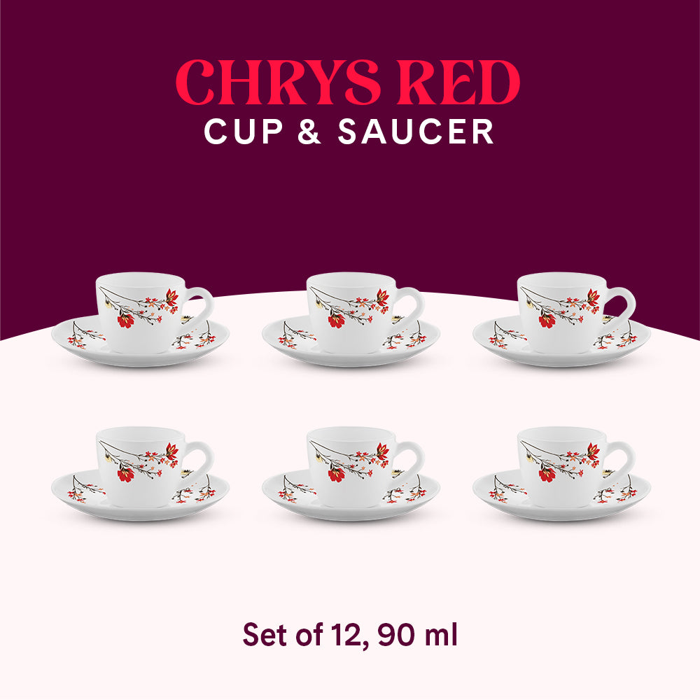 Larah by Borosil Chrys Red Cup n Saucer Set 90 ml x 12