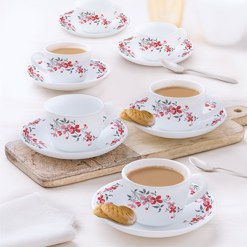Larah by Borosil Fiore Cup n Saucer Set, 90ml x 12