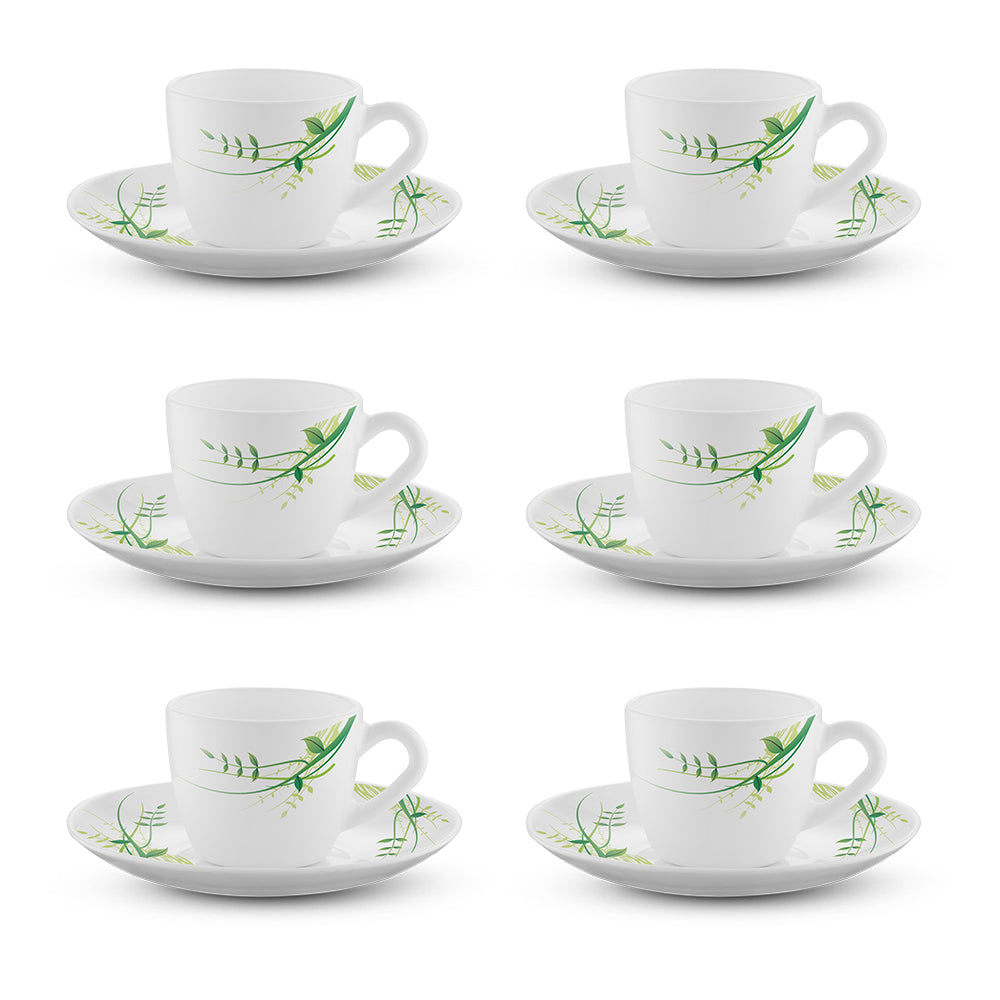 Larah by Borosil Green Herbs Cup n Saucer Set 90 ml x 12