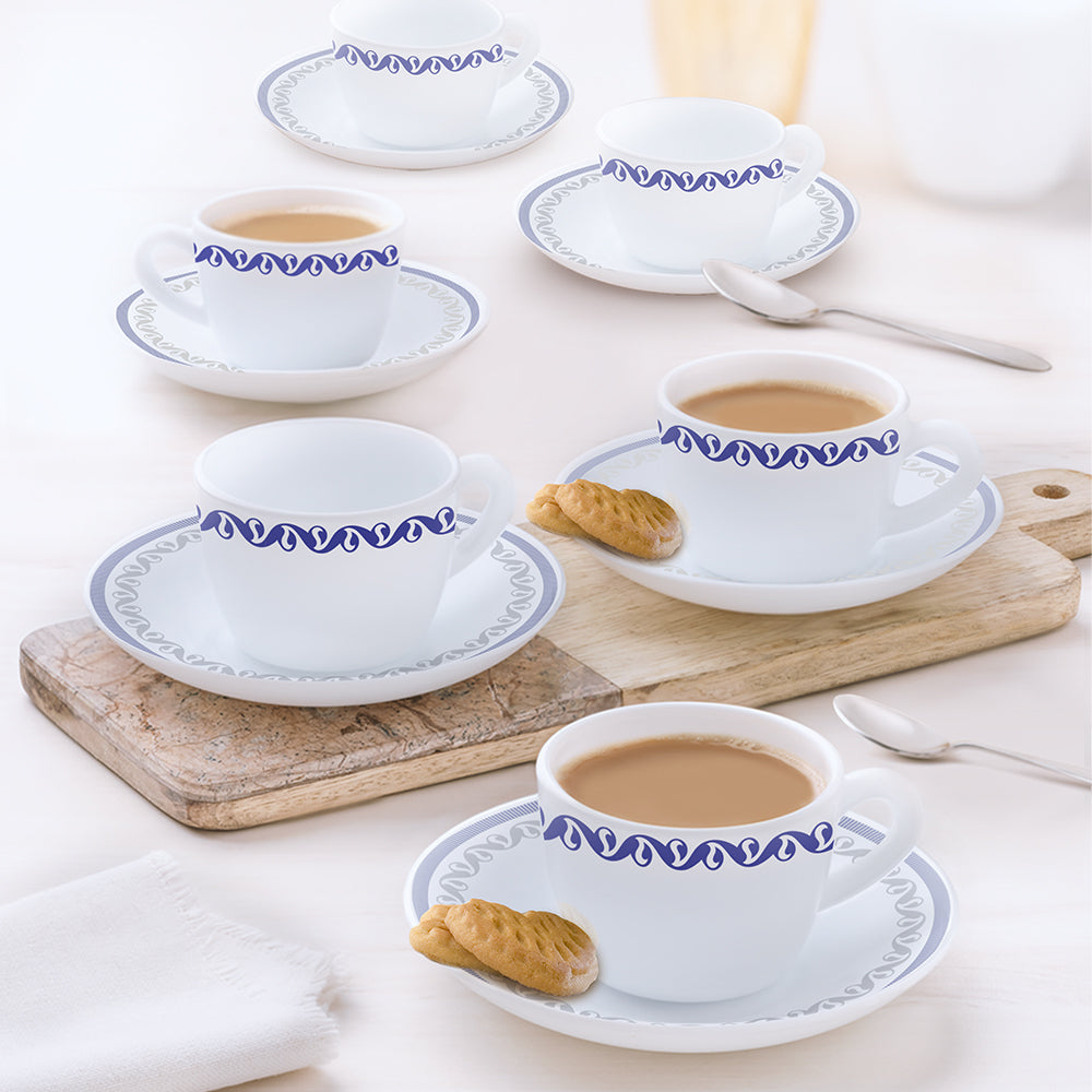 Larah by Borosil Jazzblue Cup n Saucer Set, 90ml x 12