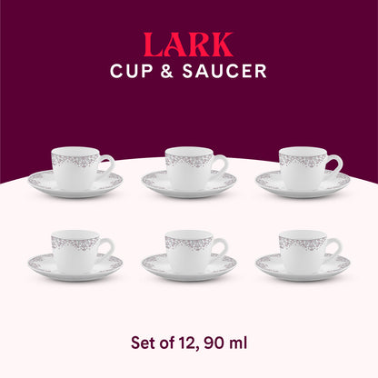 Larah by Borosil Lark Cup n Saucers Set 90 ml x 12