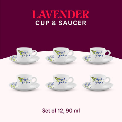 Larah by Borosil Lavender Cup n Saucer Set 90 ml x 12