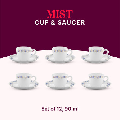 Larah by Borosil Mist Cup n Saucer Set 90 ml x 12