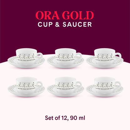 Larah by Borosil Ora Gold Cup n Saucer Set 90 ml x 12
