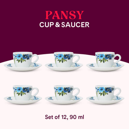 Larah by Borosil Pansy Cup n Saucer Set 90 ml x 12