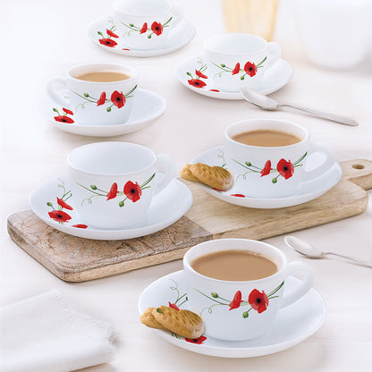 Larah by Borosil Red Carnation Cup n Saucer Set 90 ml x 12