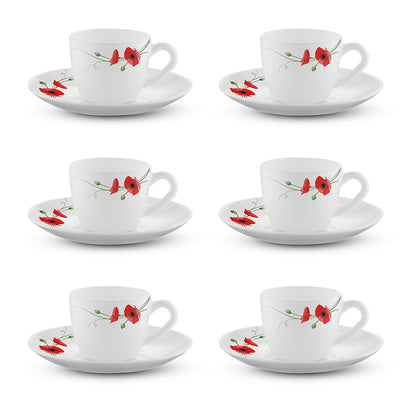 Larah by Borosil Red Carnation Cup n Saucer Set 90 ml x 12