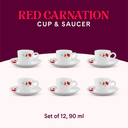 Larah by Borosil Red Carnation Cup n Saucer Set 90 ml x 12