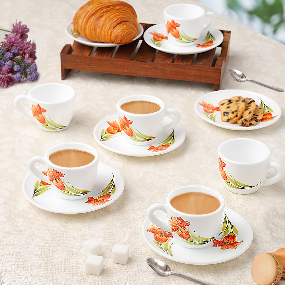 Larah by Borosil Red Iris Cup n Saucer Set, 90ml x 12