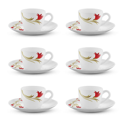 Larah by Borosil Red Lily Cup n Saucer Set 90 ml x 12