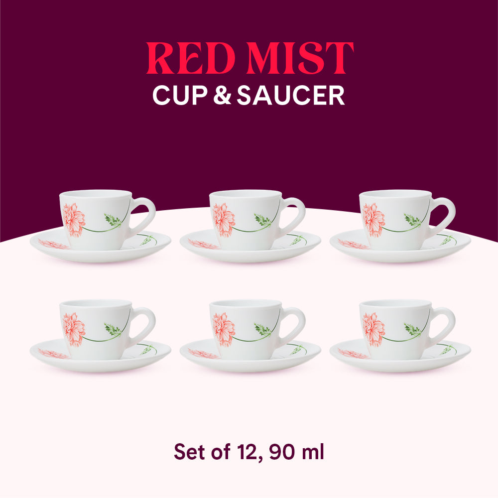 Larah by Borosil Red Mist Cup n Saucer Set 90 ml x 12