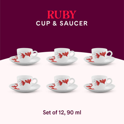 Larah by Borosil Ruby Cup n Saucer Set 90 ml x 12