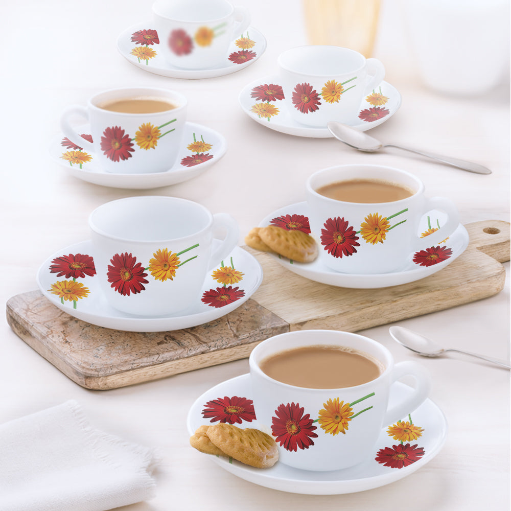 Larah by Borosil Zinnia Cup n Saucer Set, 90ml x 12