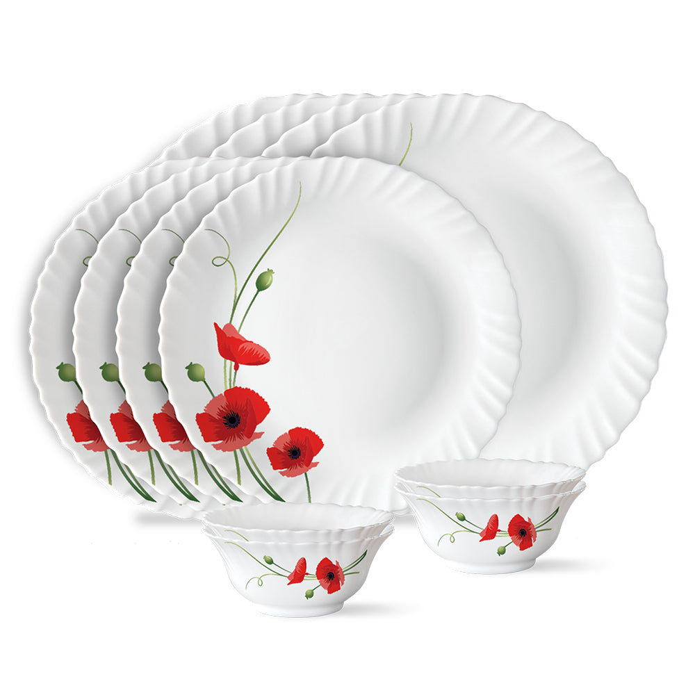 Larah by Borosil Red Carnation Dinner Set 12 pc Set: Serves 4