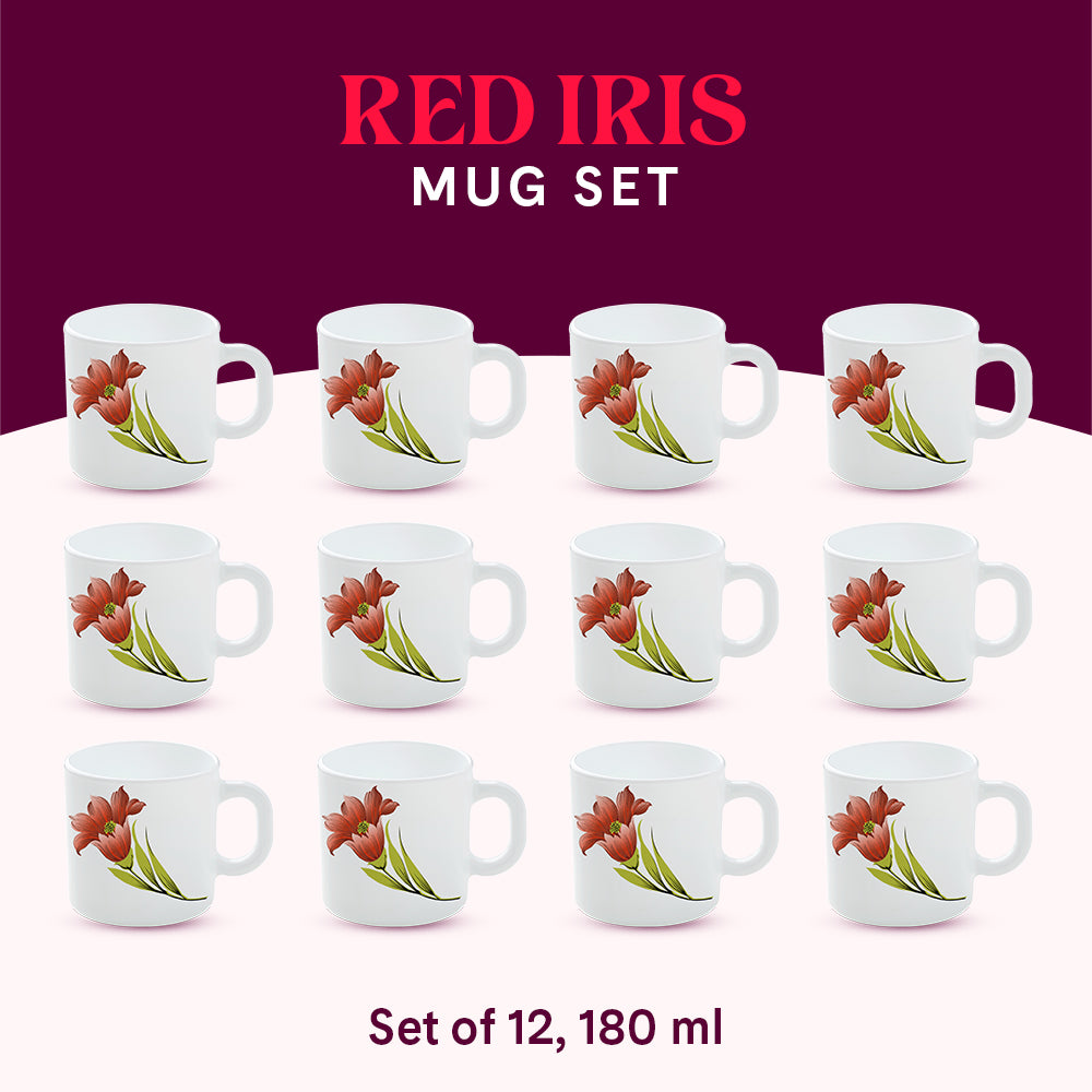 Larah by Borosil Red Iris Mug Set 180 ml x 12