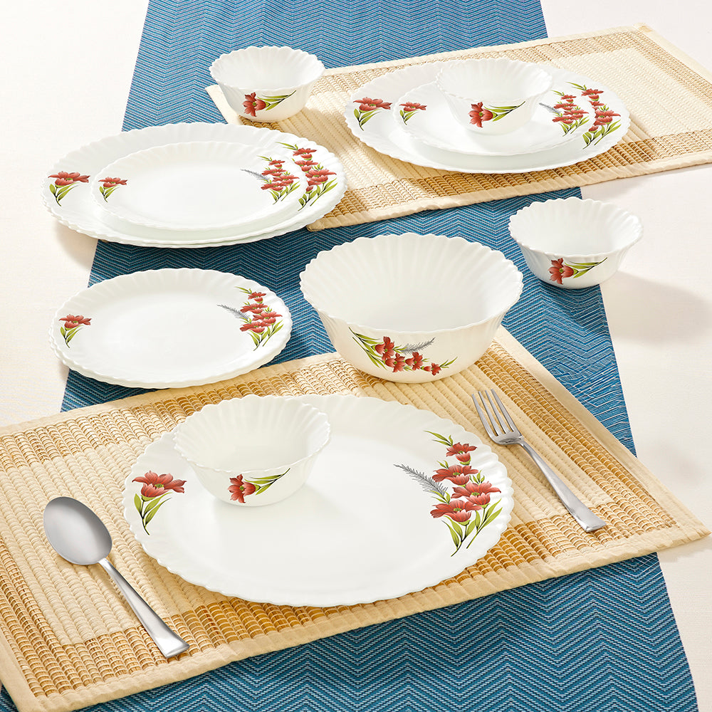 Larah by Borosil Red Iris Dinner Set 13 pc Set: Serves 4