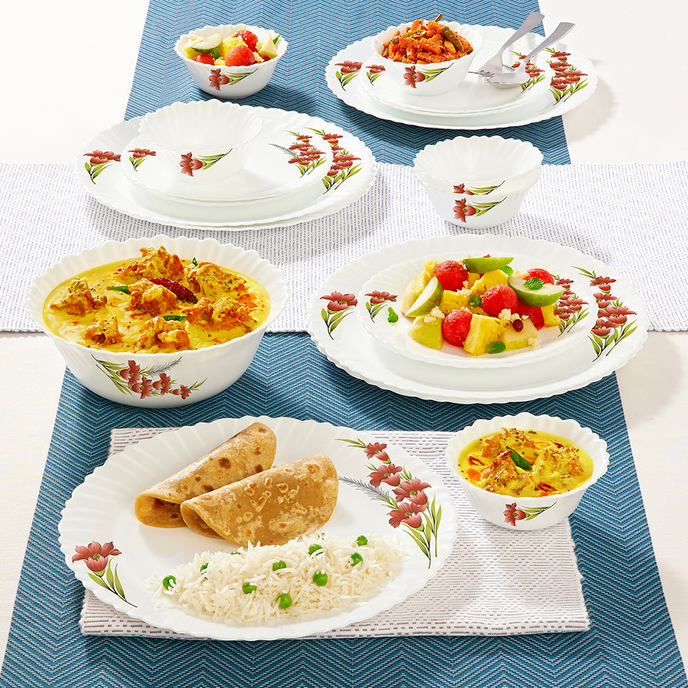 Larah by Borosil Red Iris Dinner Set 19 pc Set: Serves 6