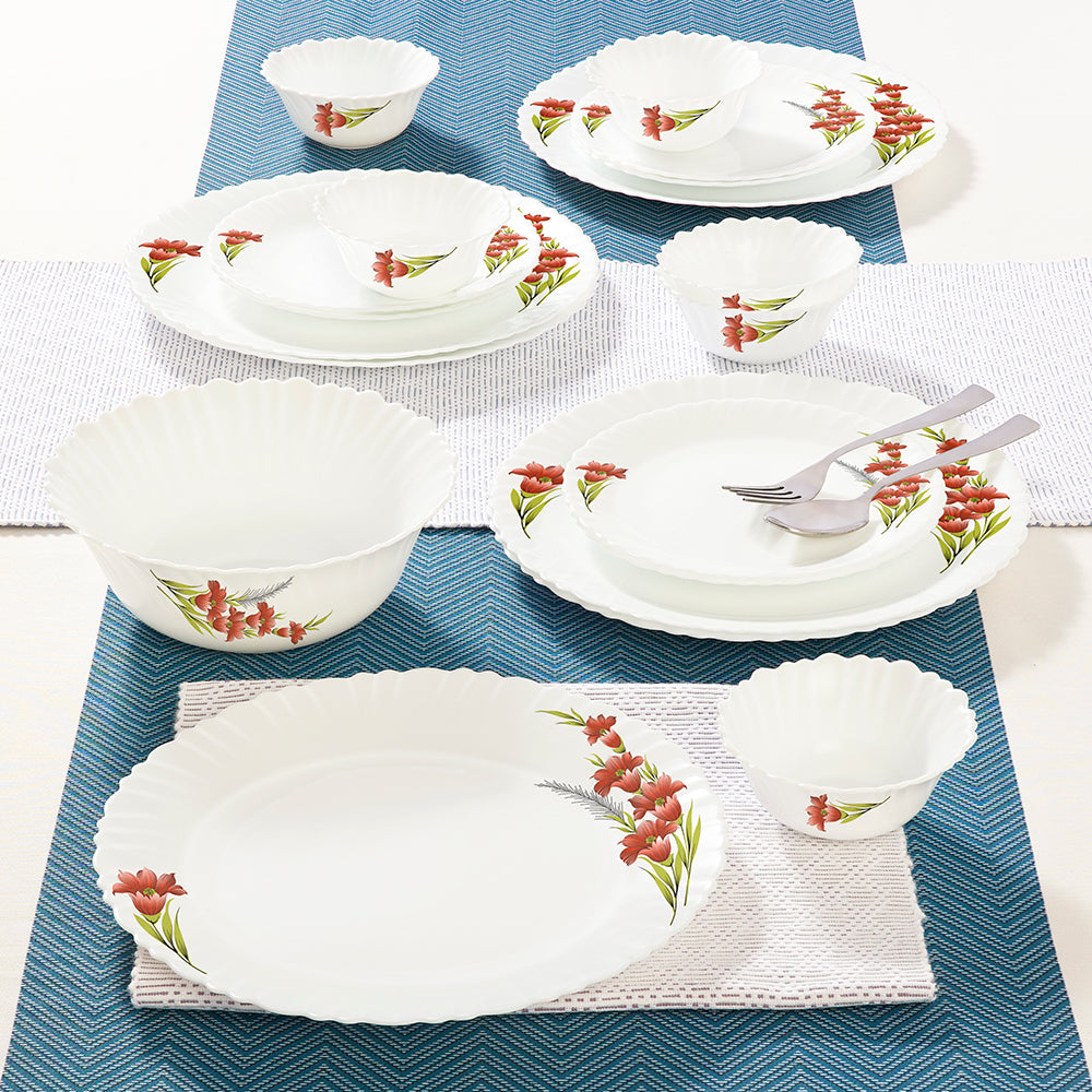 Larah by Borosil Red Iris Dinner Set 19 pc Set: Serves 6