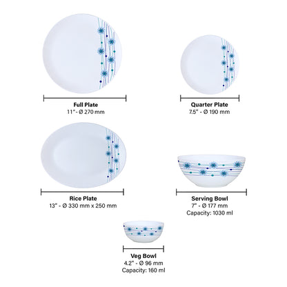 Larah by Borosil Bluebell Dinner Set 21 pc Set: Serves 6