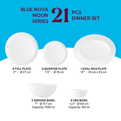 Larah by Borosil, Opalware, Microwave Safe, Blue Nova Dinner Set (Serves 4,6,8) 21 pc Set: Serves 6