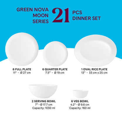 Larah by Borosil, Opalware, Microwave Safe, Green Nova Dinner Set (Serves 4,6,8) 21 pc Set: Serves 6