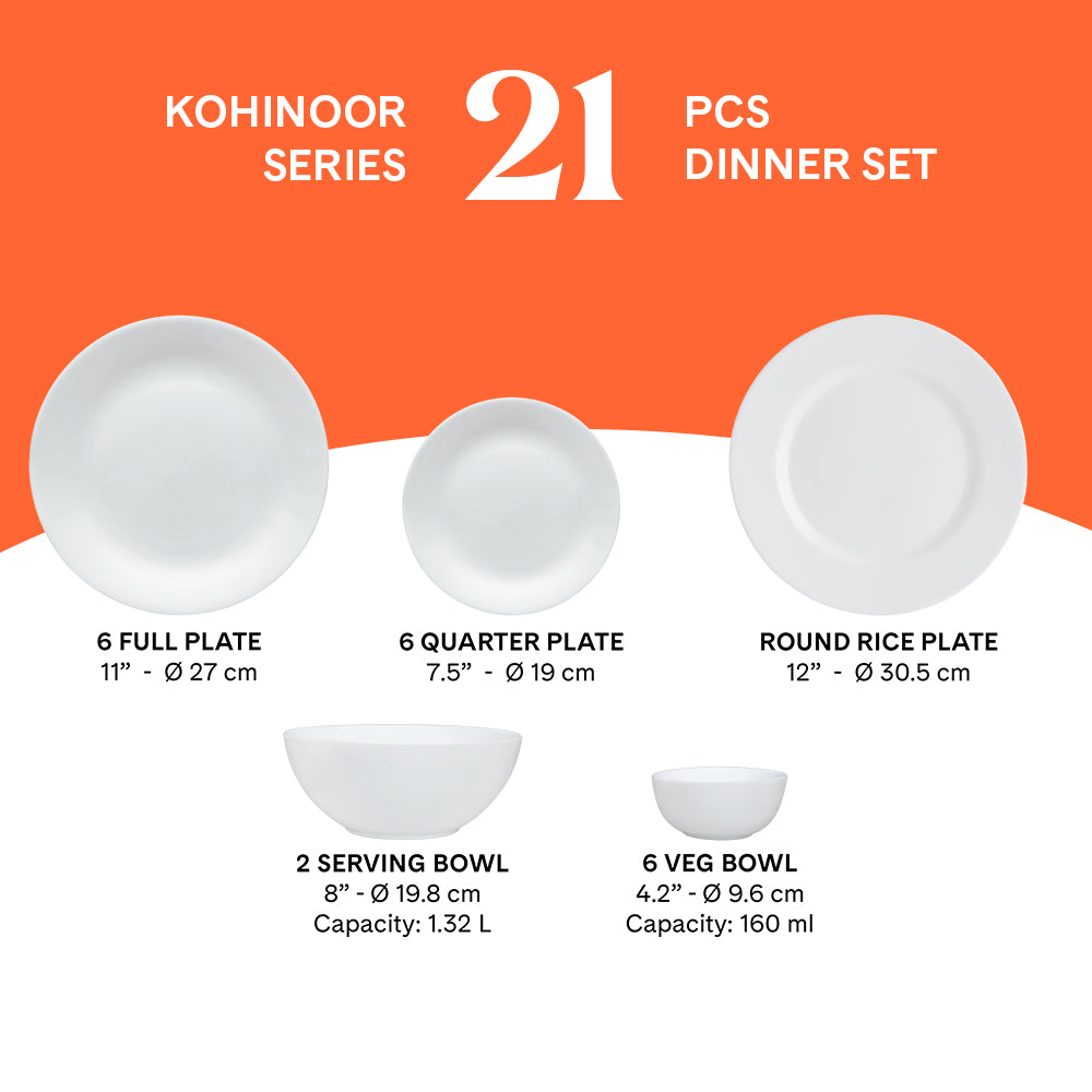 Larah by Borosil, Orleans Dinner Set 21 pc Set: Serves 6